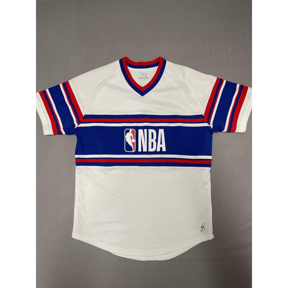 NBA V-Neck Short Sleeve Jersey Shirt White Blue Red Stripes Mens Medium